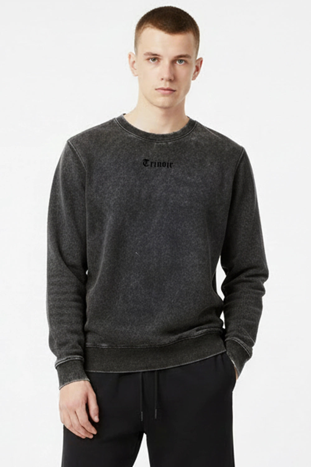 Polerón Negro Crewneck - Acid Wash Desgastado