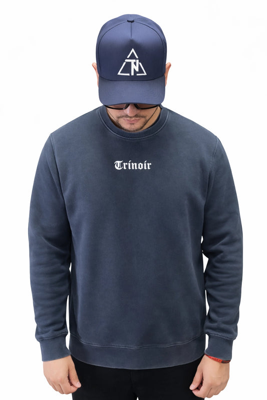 Polerón Azul Crewneck - Acid Wash Desgastado